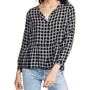 Rails Celeste Onyx Plaid White Check Linen Blend Peplum Button Up Blouse